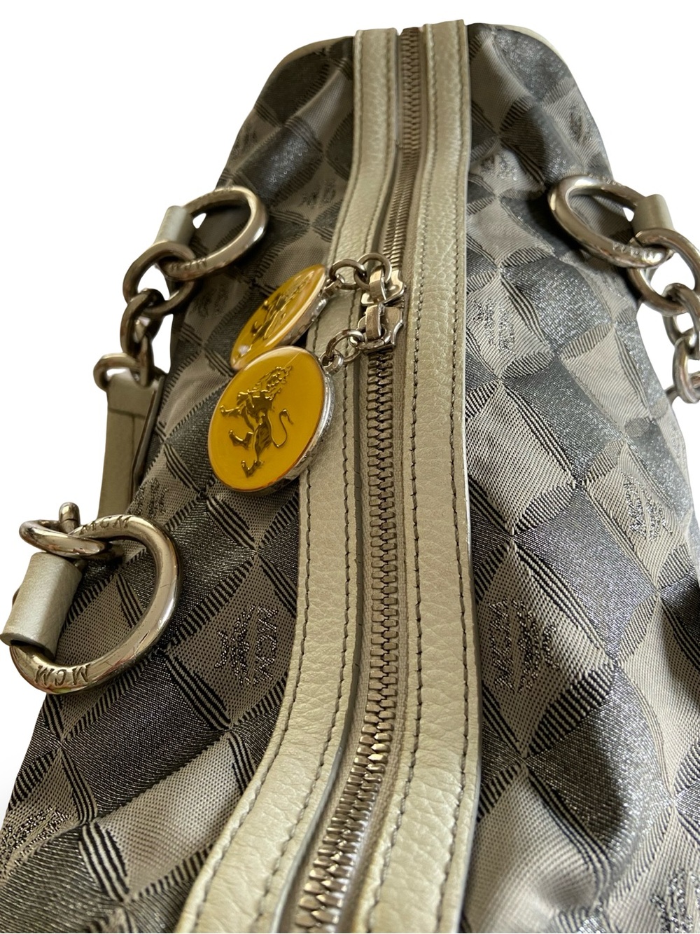 Authentic MCM Brown and Cream Monogram Satchel with Yellow Zip Pulls - Picture 4 of 15